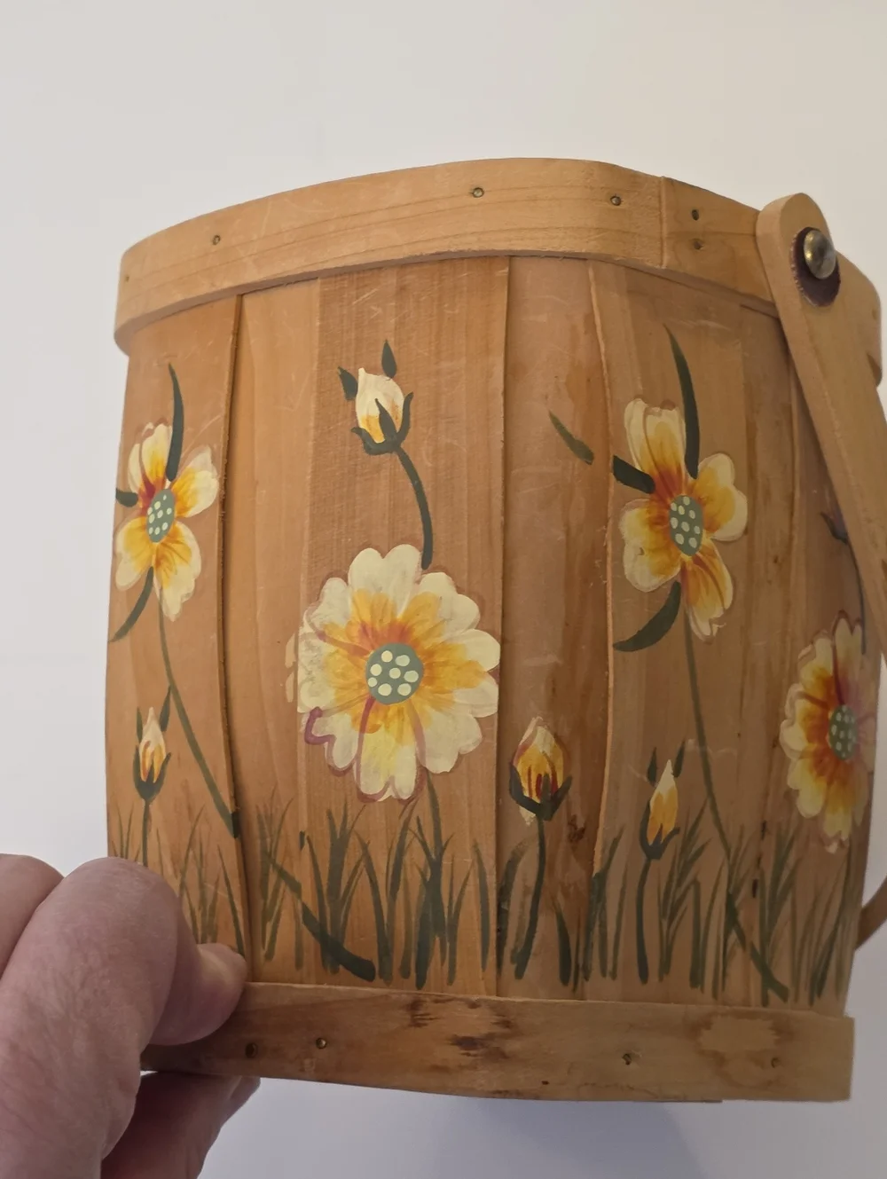 Vtg Toll Painted Flowers Balsa Wood Accent Basket Cottagecore Prairie Artsy